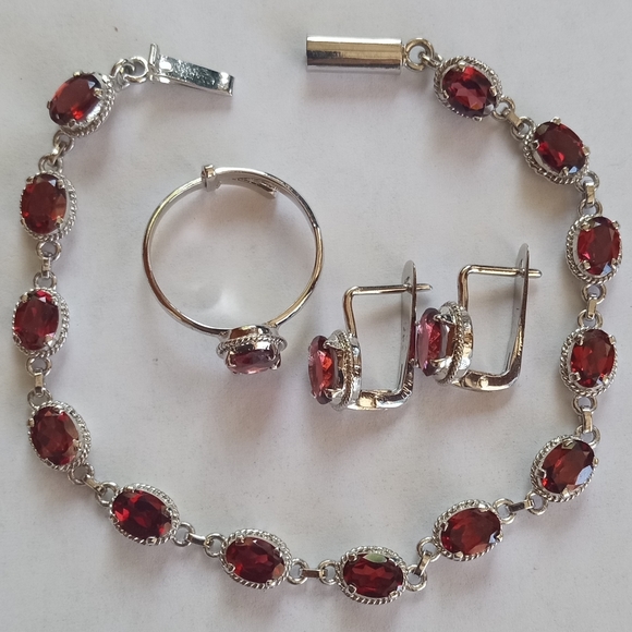 Sterling Silver Garnet Ring, Earrings And Tennis Bracelet Set - Picture 1 of 12